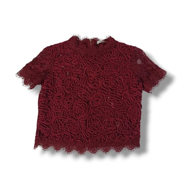 Zara Trafaluc Womens Lace Top Blouse Dark Red Cropped See Through Sheer Size S - Picture 1 of 6